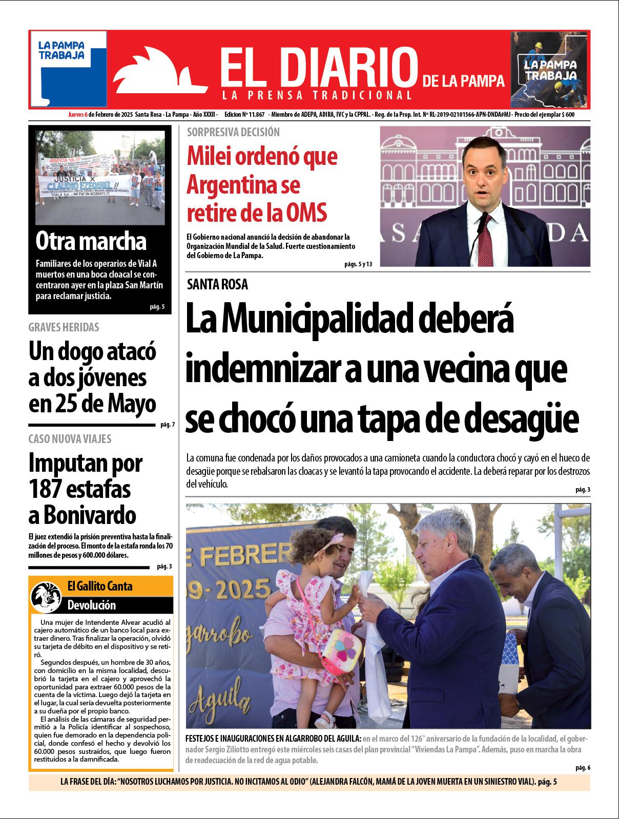 Tapa de El Diario en papel  jueves 06 de febrero de 2025